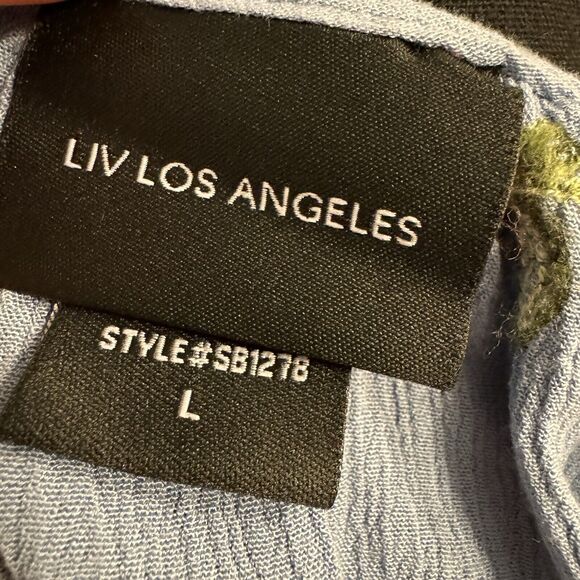 Liv Los Angeles Top L Womens Blue Embroidered Blouse Cottagecore Prairie Beach - Picture 5 of 6